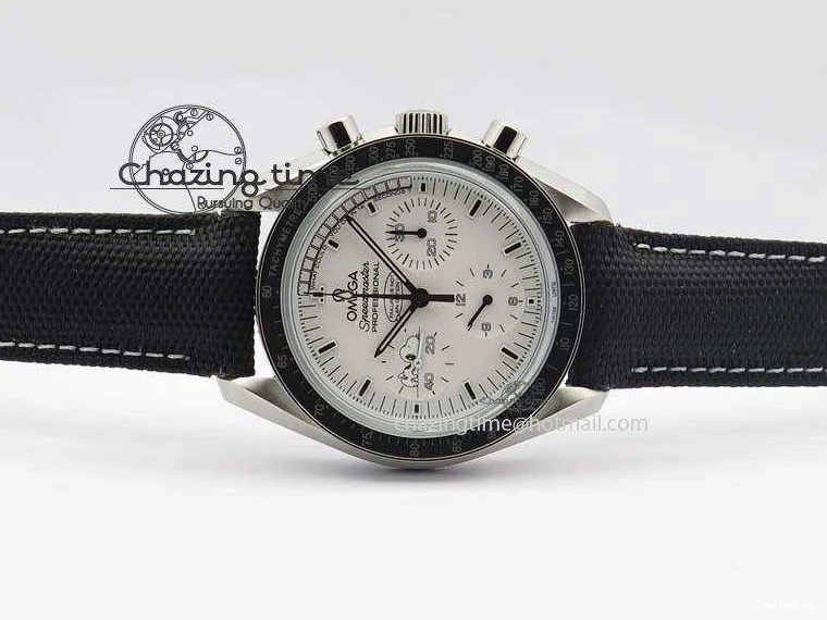 0202 TimelessDesign Speedmaster JHF SS Snoopy Award 45th Anniversary White Dial On Black Nylon Strap 8209